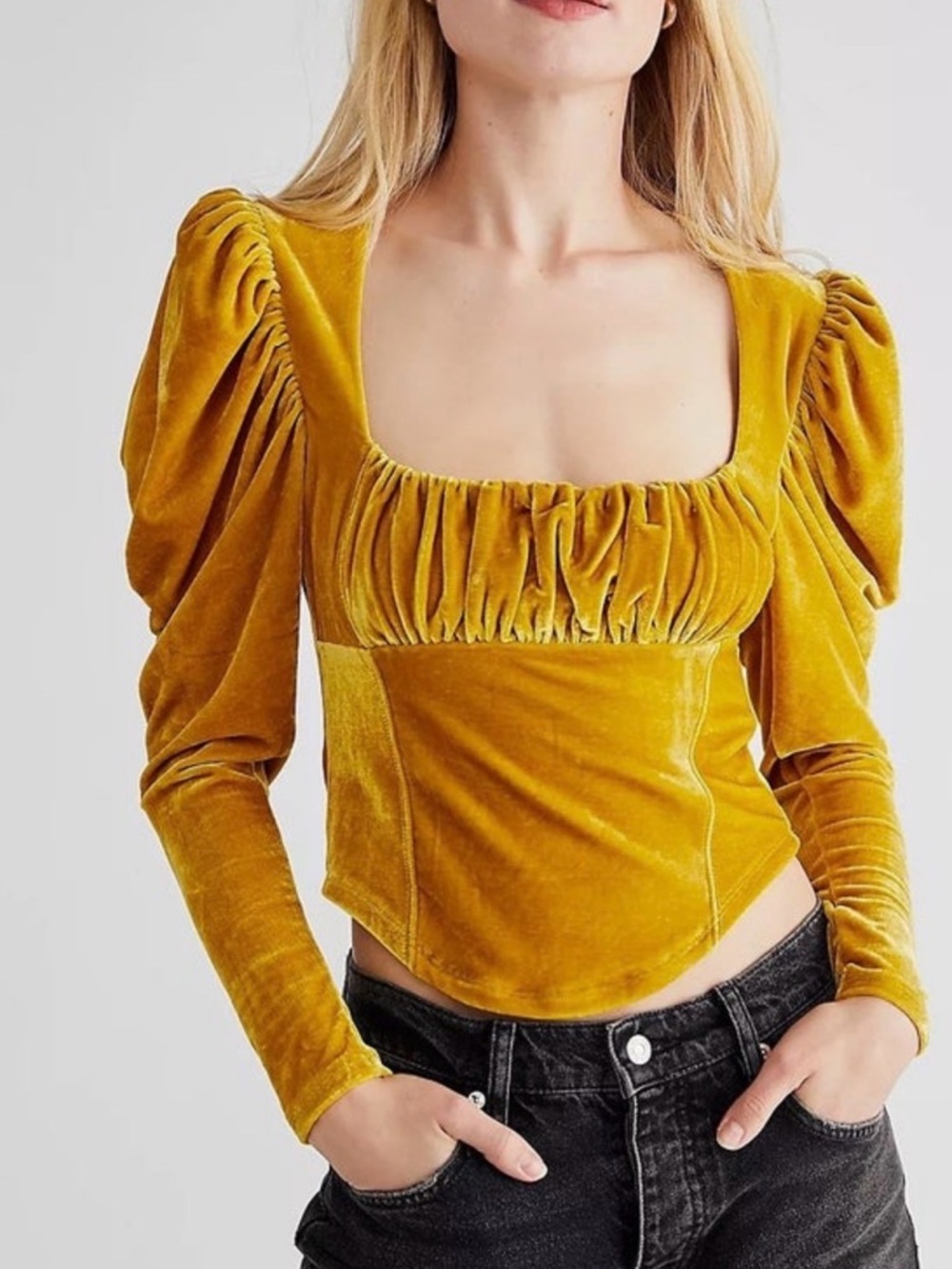 Free People Puff Long Sleeve Velvet Top Blouse